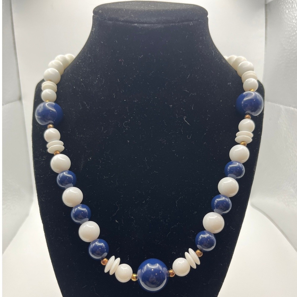Chunky Beaded Necklace and Matching Earrings Set‎ Cream Blue Gold Tone Clasp